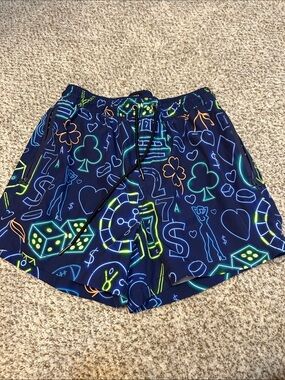 Men's Navy Neon Casino Print Swim Trunks
